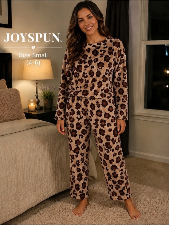 Joyspun Other - Joyspun Leopard Print Plush Fleece Pajama Lounge Set Size Small (4-6) Cozy Soft